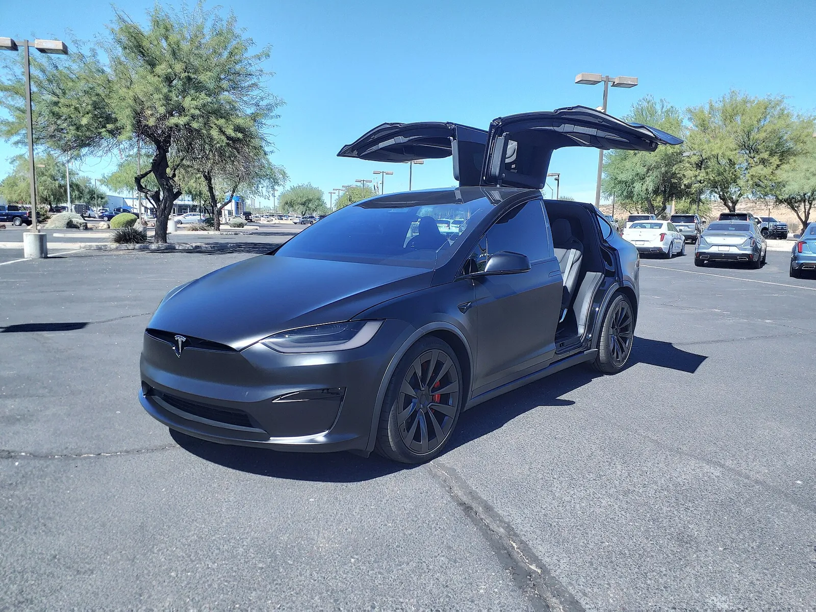 Tesla Model X Plaid with falcon-wing doors open, Tesla Model X window tint in North Hollywood